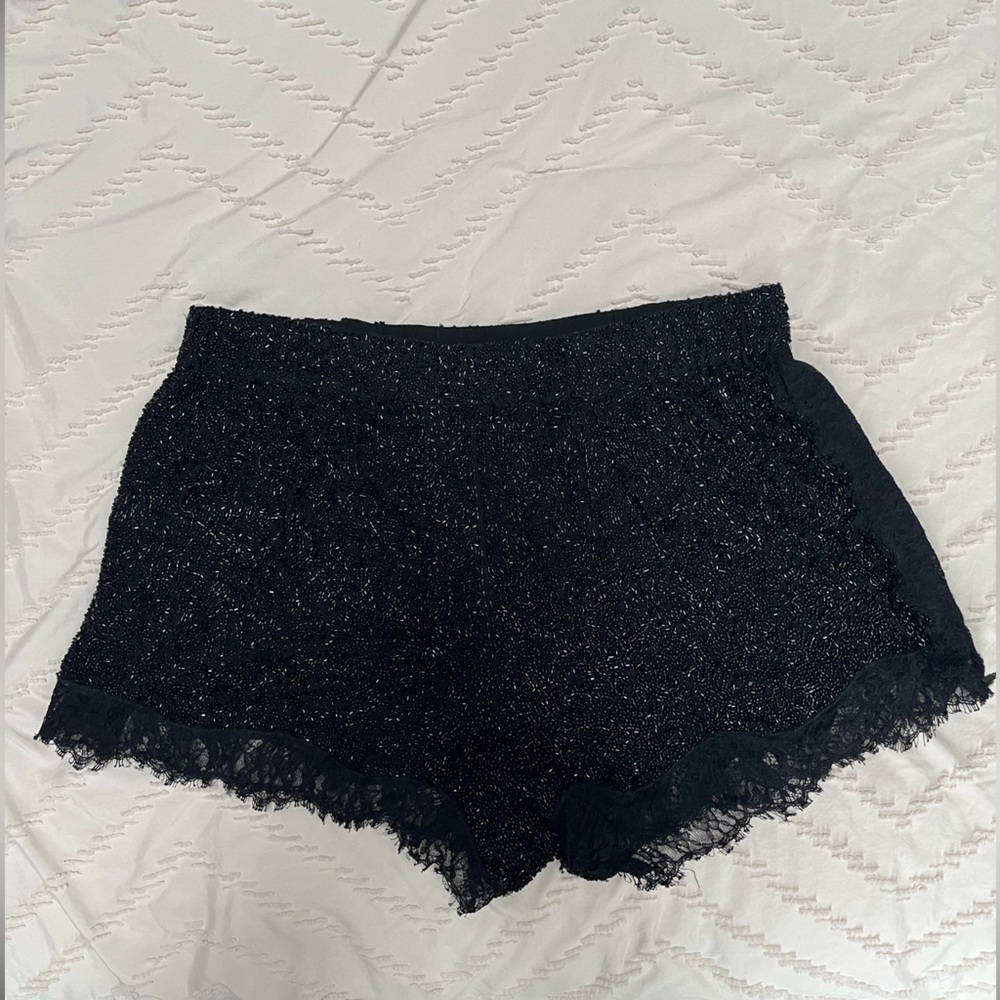Diane Von Furstenberg Black Beaded Shorts with Lace Trim Size L